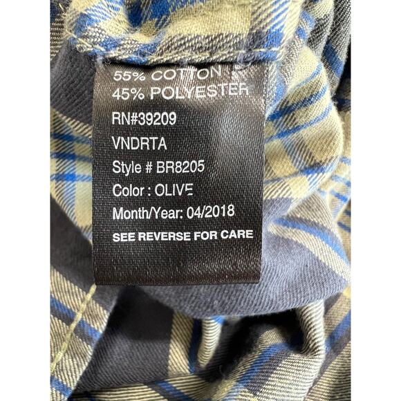 Burnside Plaid Flannel Shirt Mens Size XL Pockets Button Up Navy Olive Grunge - Picture 8 of 9